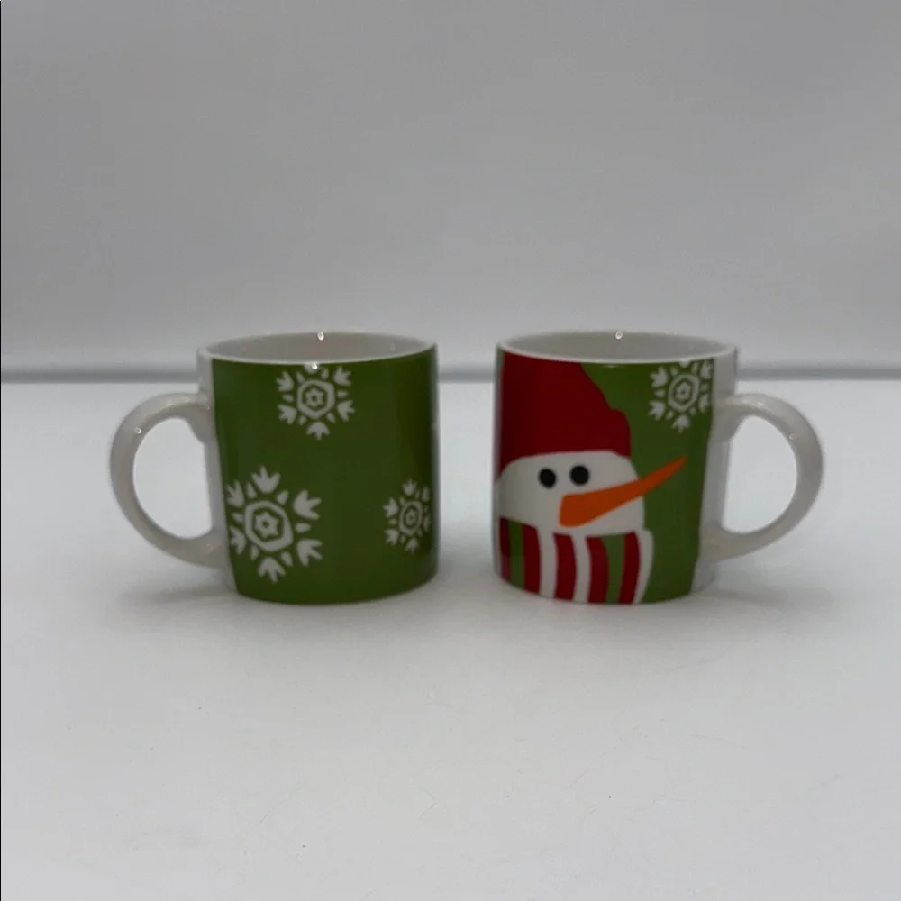 Crate&Barrel Snowman Holiday Mugs - Red, Green, White - set of 2